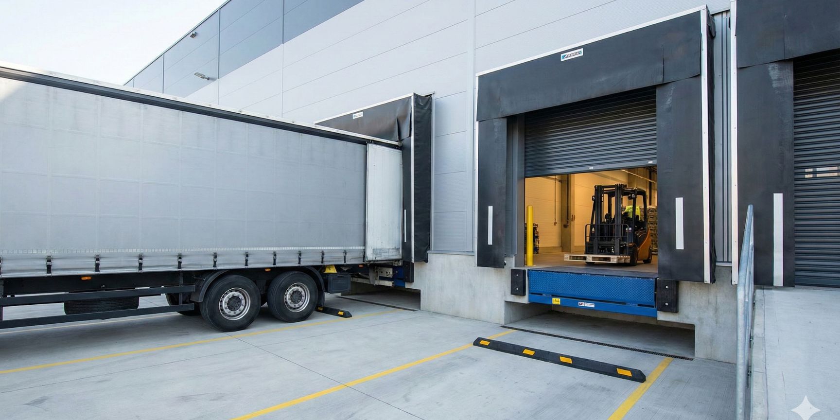 Moderne Laderampe an einer Logistikimmobilie mit angedocktem LKW, blauer Überladebrücke, schwarzer Torabdichtung und einem Gabelstapler im geöffneten Sektionaltor.